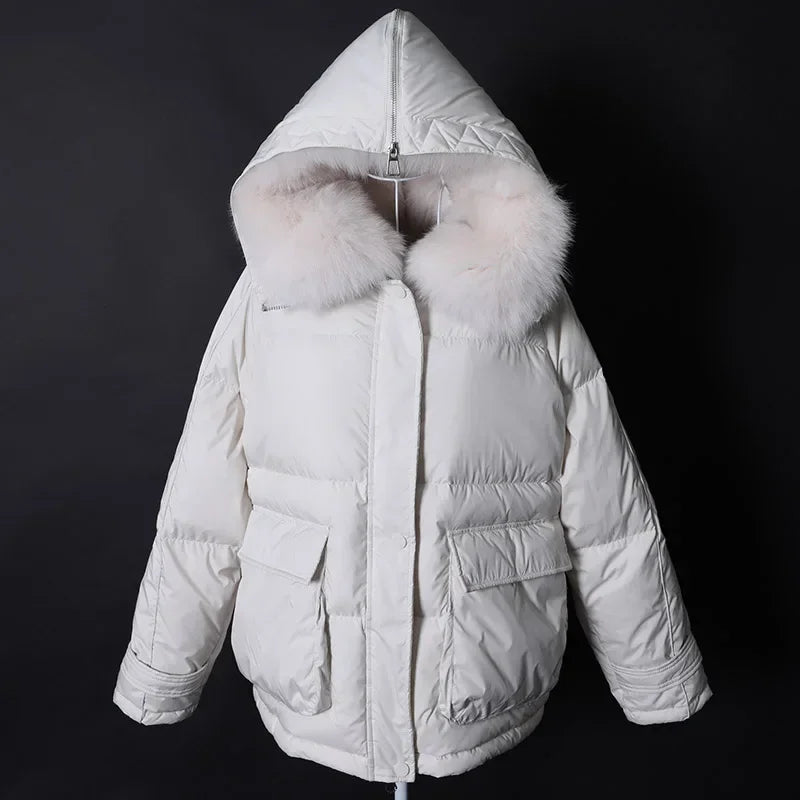 Women's Loose Detachable Fur Collar Winter Luxury Hooded Puffer Jacket