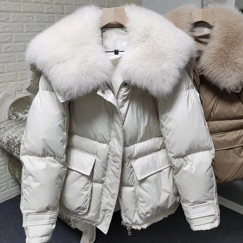 Women's Loose Detachable Fur Collar Winter Luxury Hooded Puffer Jacket