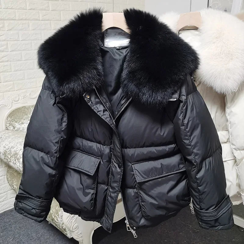 Women's Loose Detachable Fur Collar Winter Luxury Hooded Puffer Jacket