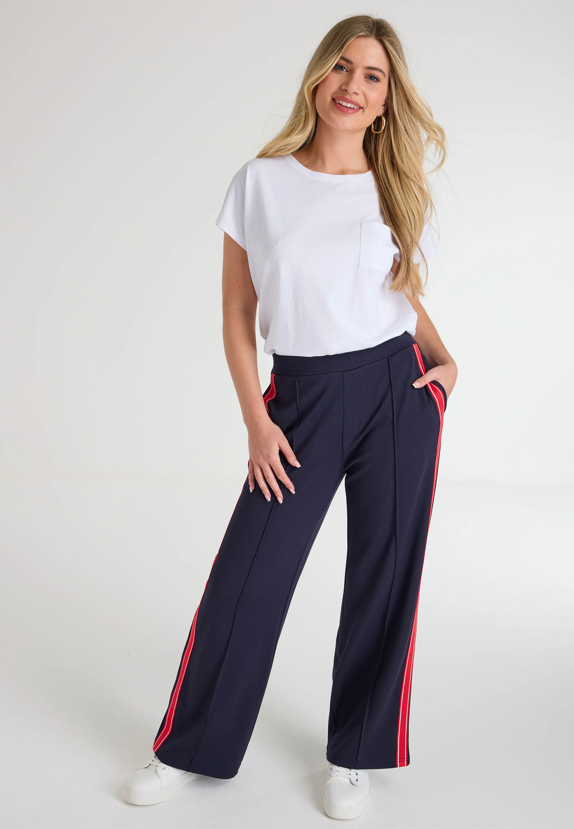 Womens Navy Stripe Wide Leg Trousers