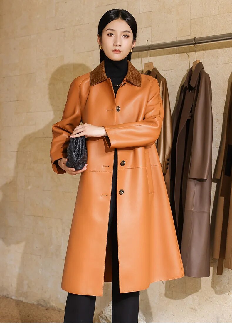 Women's Real Sheepskin Double-Sided Single-Breasted Long Trench Coat