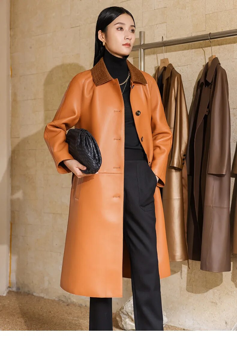 Women's Real Sheepskin Double-Sided Single-Breasted Long Trench Coat