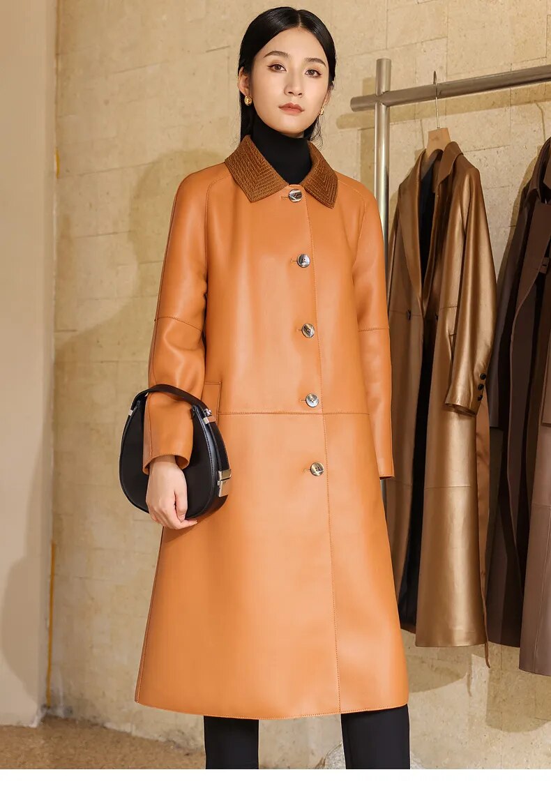 Women's Real Sheepskin Double-Sided Single-Breasted Long Trench Coat