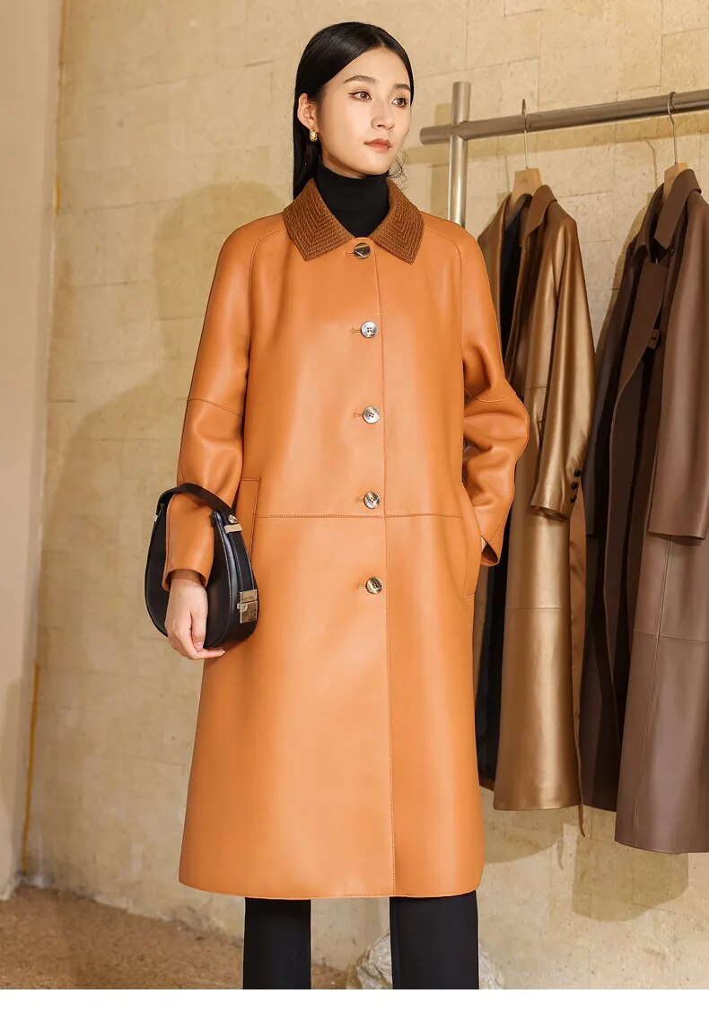 Women's Real Sheepskin Double-Sided Single-Breasted Long Trench Coat