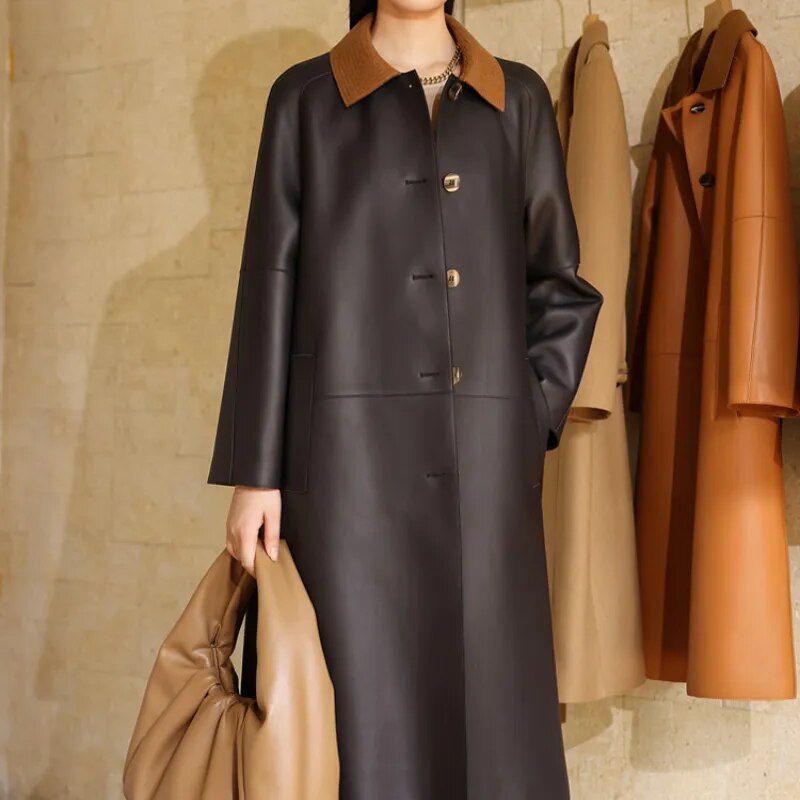 Women's Real Sheepskin Double-Sided Single-Breasted Long Trench Coat