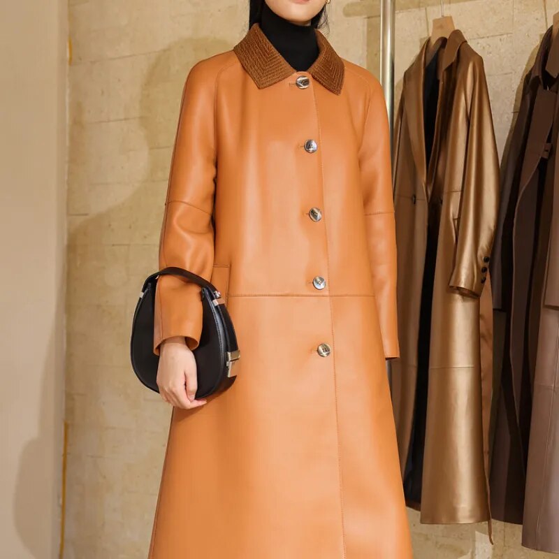 Women's Real Sheepskin Double-Sided Single-Breasted Long Trench Coat