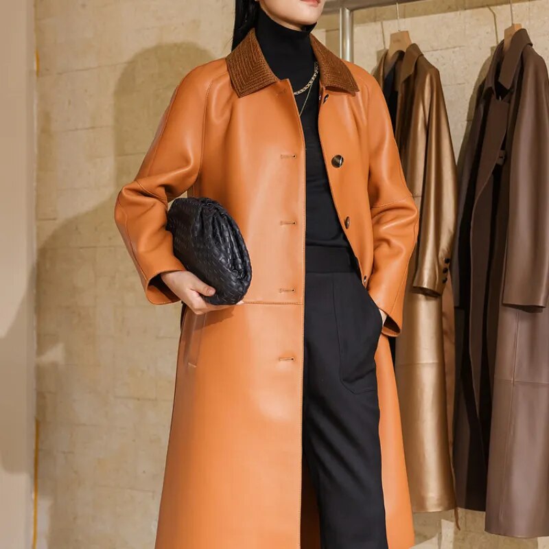 Women's Real Sheepskin Double-Sided Single-Breasted Long Trench Coat