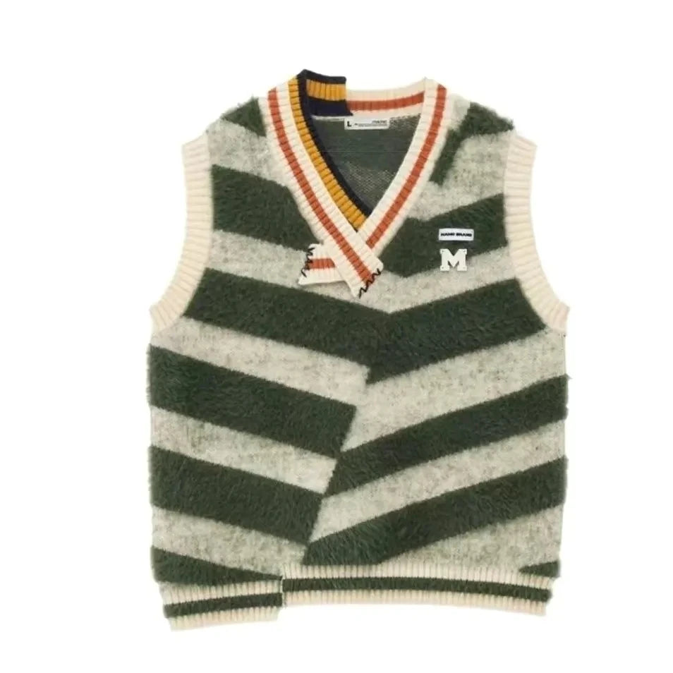 Womens Unconventional Design Stripe Mohair Sweater Vest Warm Casual Female Clothing