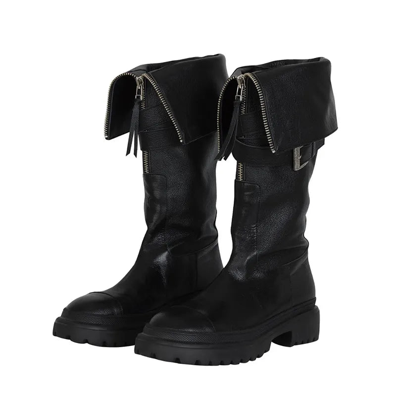 Women's Winter Casual Synthetic Leather Motorcycle Zipper Knee High Boots