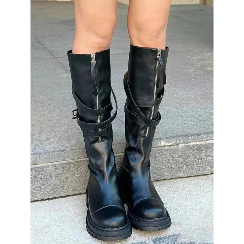 Women's Winter Casual Synthetic Leather Motorcycle Zipper Knee High Boots