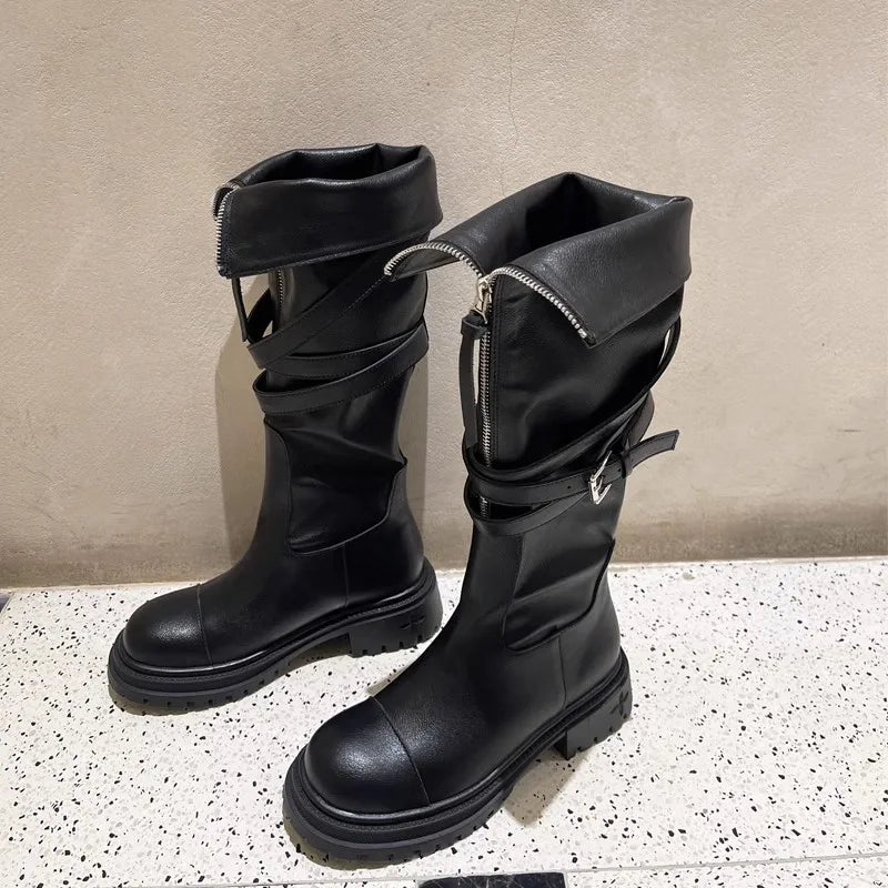 Women's Winter Casual Synthetic Leather Motorcycle Zipper Knee High Boots