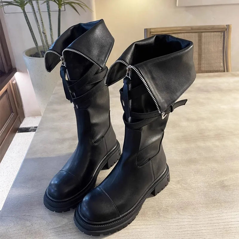 Women's Winter Casual Synthetic Leather Motorcycle Zipper Knee High Boots