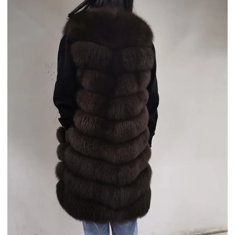 Women's Winter Real Fox Fur O-Neck Striped Sleeveless Long Coat