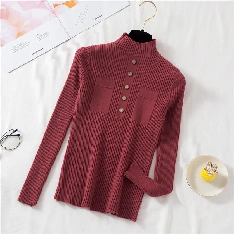 Zoki Pullover Women Sweater Autumn Knitted Button Long Sleeve Half Turtleneck Female Jumper Elastic Korean Fashion Blouse Top S3